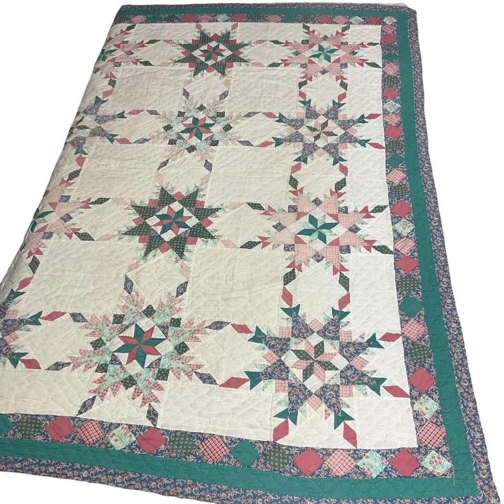 Vintage Hand Quilted Star Quilt 64x82 Labeled Patchwork American Cottage Bedding